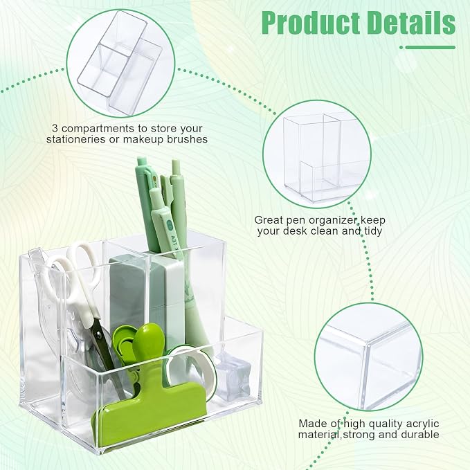 Small Acrylic Desk Organizer, Clear Acrylic Pencil Pen Holder, 3 Slots Desk Accessories Desktop Desk Tidy Caddy Makeup Brush sorter Holder for Office Vanity Countertop Bathroom Bedroom
