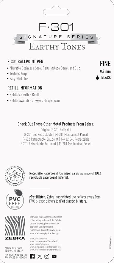 Zebra Pen F-301 Signature Series Retractable Ballpoint Pen, 0.7mm, Black Easy-Glide Ink, Stainless-Steel Barrel with Sage Earth Tone Accents, Ideal for Office, Journal and Planner Use, 4-Pack (27244)