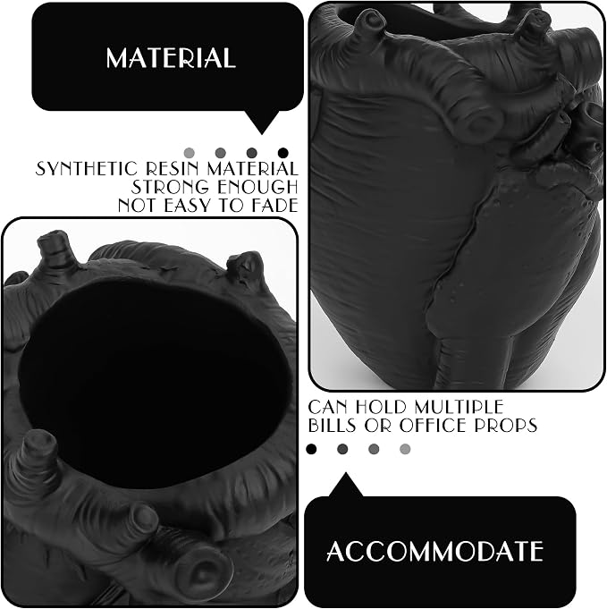 Anatomical Heart Pencil Holder, Black Resin Organ-Shaped Pen Cup Desk Organizer, Realistic Human Heart Decor, Stable Base