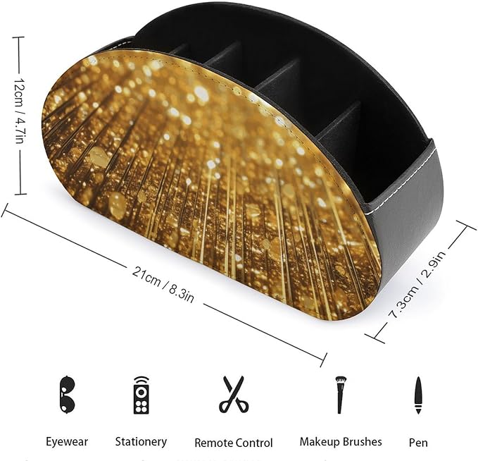 Gold Bling Remote Control Holder with 5 Compartments Leather TV Remote Caddy Remote Storage Box Desktop Organizer for Pen/TV Remotes/Media Controllers/Office Supplies