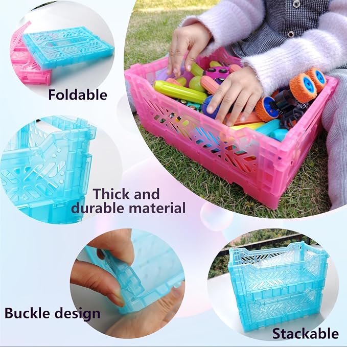 Mid Size Pastel Plastic Storage Crates and Baskets, Collapsible Crates for Organizing, 4L SpaceSaving Bins for Classroom, Kitchen, Office, Bedroom,Desk Organizer. (Pink)