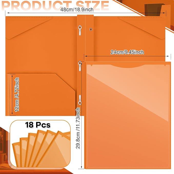 Henoyso 72 Pcs Plastic Folder with Clear Front Pocket and 3 Prong Plastic Folders with Card Slot Pocket Folders with Prongs for School Office (Orange)