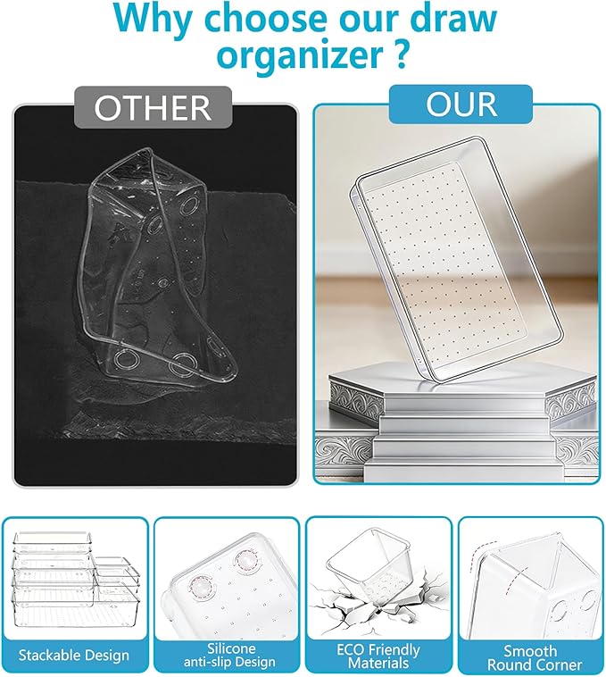 Clear Drawer Organizers Set of 60, 4-Size Vanity Organizer Trays, Stackable Bathroom & Desk Drawer Organizer for Makeup, Jewelry, Kitchen Utensils, Office Supplies and Small Gadgets Storage