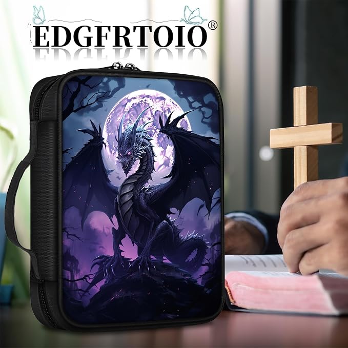 Bible Cover, Dragon Moon Bible Case with Handle and Zippered Pocket Standard Size Holy Bible Bag Women Gifts, Church Bag Portable Bible Carrying Book Case for Bible Study