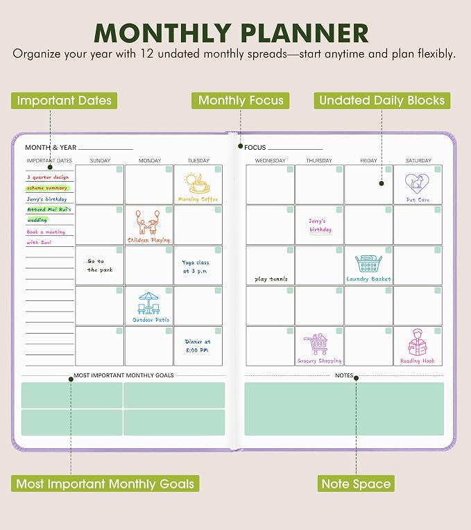 Undated Weekly and Monthly Planner, Hardcover Leather Calendar Blank Planner, Simplified To Do List Notebook with Goal & Habit Tracker Organizer, A5 Daily Weekly Planner for Work School Home, Purple