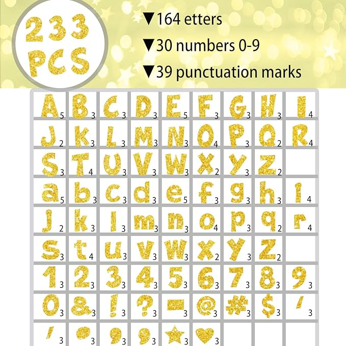 233Pcs Glitter Bulletin Board Letters, Numbers and Punctuation, with Adhesive Dots, for Classroom Numbers Alphabet Poster Board Letters Display School Decoration (Gold)