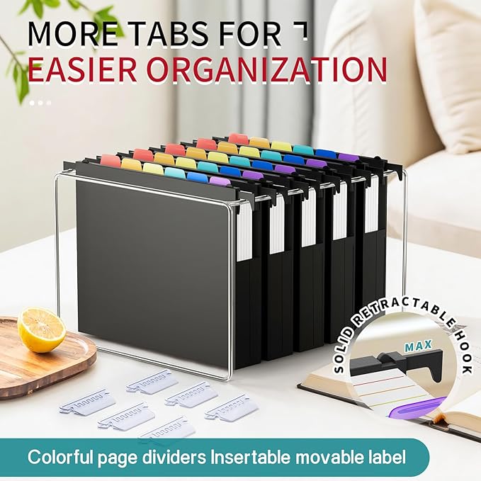 Uquelic Plastic Hanging File Folders Letter Size, 12 Pack Reinforced Heavy Duty Hang Folder with Movable Bright Dividers, Adjustable Tabs, 2" File Organizer for Filing Cabinet, School, Office