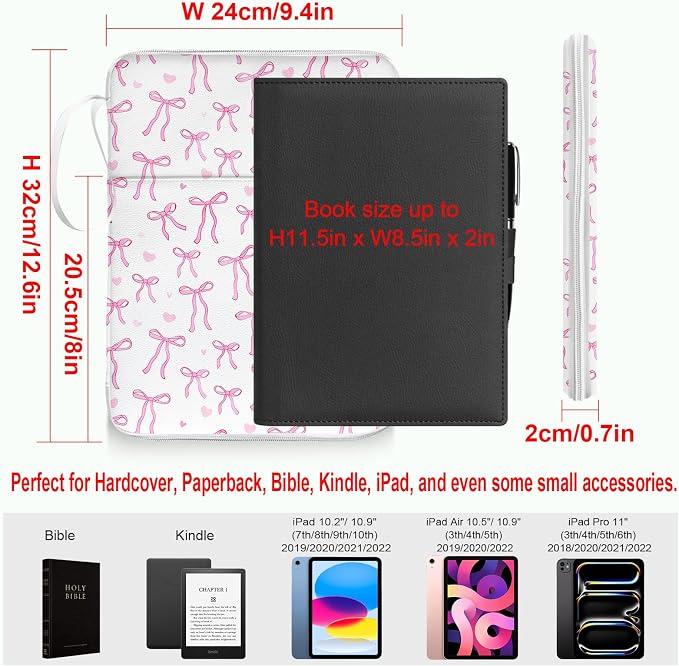 Pink Bow Printed Bible Book Sleeve with Pockets,Padded Protector Washable Book Covers,Books Pouch with Handle Zipper,Travel Book Carrying Case for Books Lover Hardcover,Mother's Day Christian Gifts