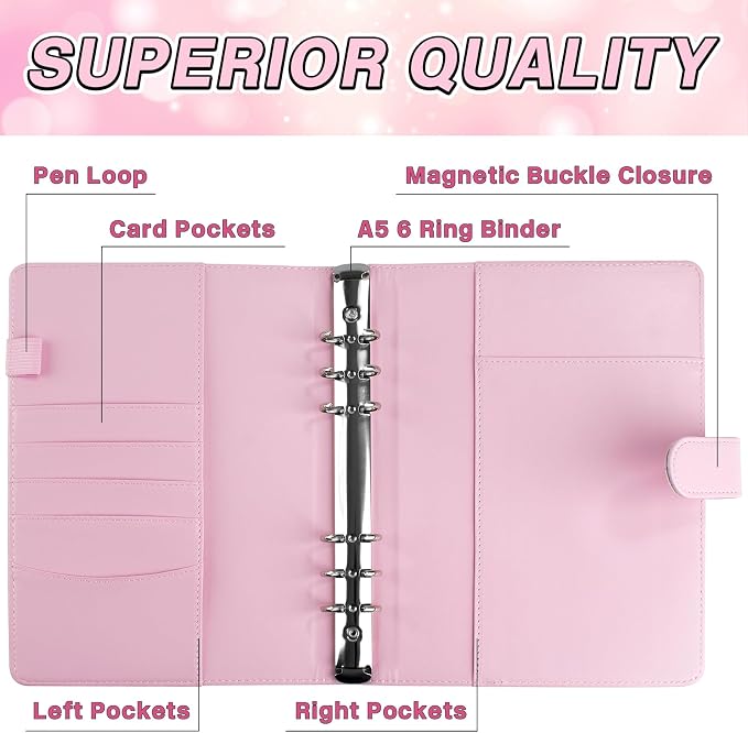 A5 Kpop Photocard Binder, 6 Ring Binder Album with 200 Card Slots, PU Leather Binder Cover with Magnetic Buckle Closure for Organizing Trading Cards - Pink