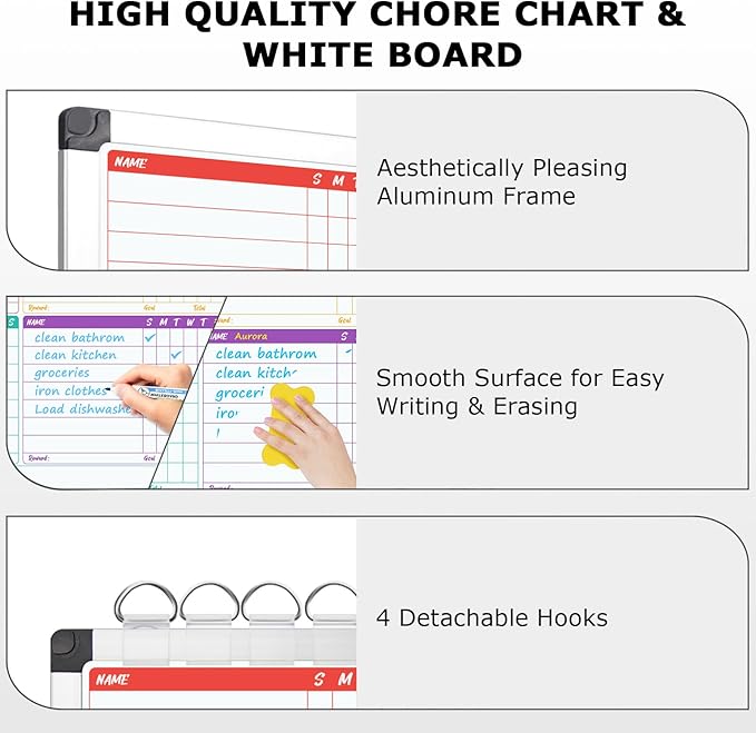 EAONE 16 x 12.6 in Magnetic Dry Erase Chore Chart & Whiteboard for Multiple Kids/Teens/Adults, Double Sided Chore Board Weekly Calendar for Wall, Aluminum Frame, 8 Markers, 4 Magnetic Pins, 1 Eraser