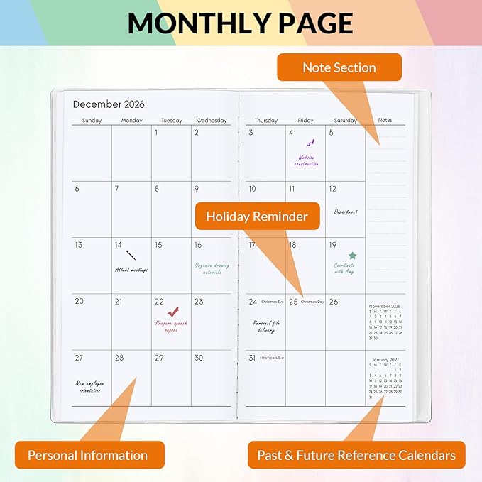 KONVINIT Pocket Calendar 2025-2027, Rainbow Monthly Planner 2025-2027 - 3.7" x 6.7" - Runs from July 2025 Until December 2027, Pocket Calendar 2026 with PVC Cover for School, Home & Office Supplies