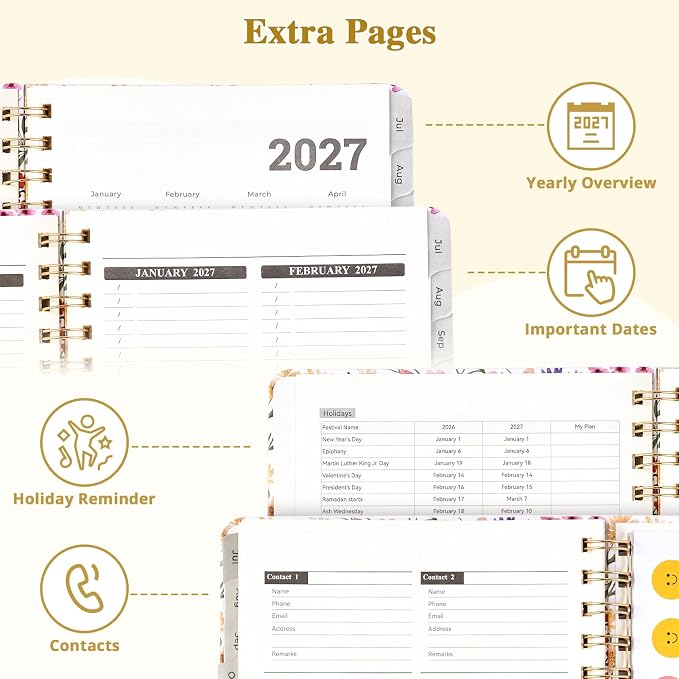 JoyCat Academic Planner 2026-2027, July 2026 - June 2027, A5 Weekly & Monthly Planner, Hardcover Agenda with Tabs, 5 Sticker Sheets, Elastic Closure & Pocket for Teachers & Students, 6.3" x 8.5", Wildflowers