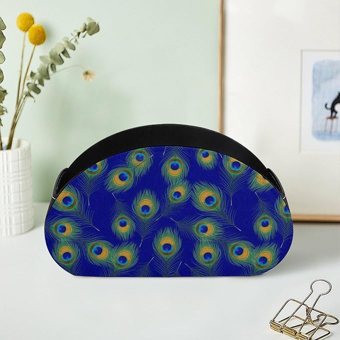 PU Leather Remote Organizer Box, 5-Compartment Storage for TV Remotes, Media Controllers, and Home Desk, Peacock Feathers