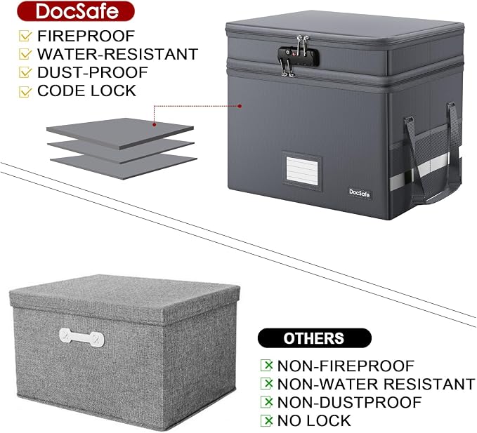 DocSafe File Box with Lock,Multi-Layer Fireproof Document Box Collapsible File Storage Organizer with Pockets/Handle,Large Portable Home Office Filing Box for Hanging Letter/Legal Size Folders,Gray