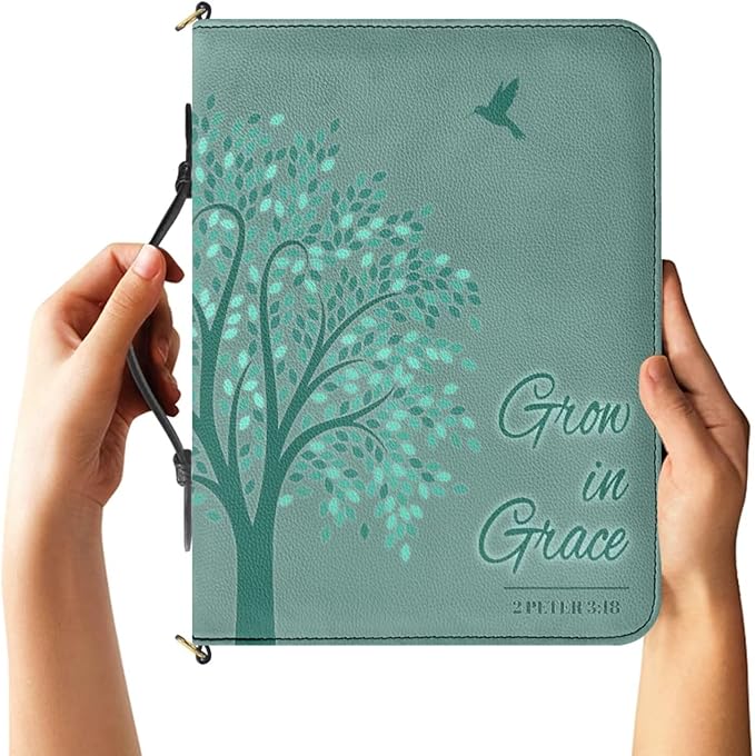 Fashion Leather Bible Covers for Women, Tree of Life Design with Grow in Grace Bible Verse 2 Peter 3:18, Green Womens Bible Case with Zipper, Handle & Detachable Adjustable Strap, 2XL