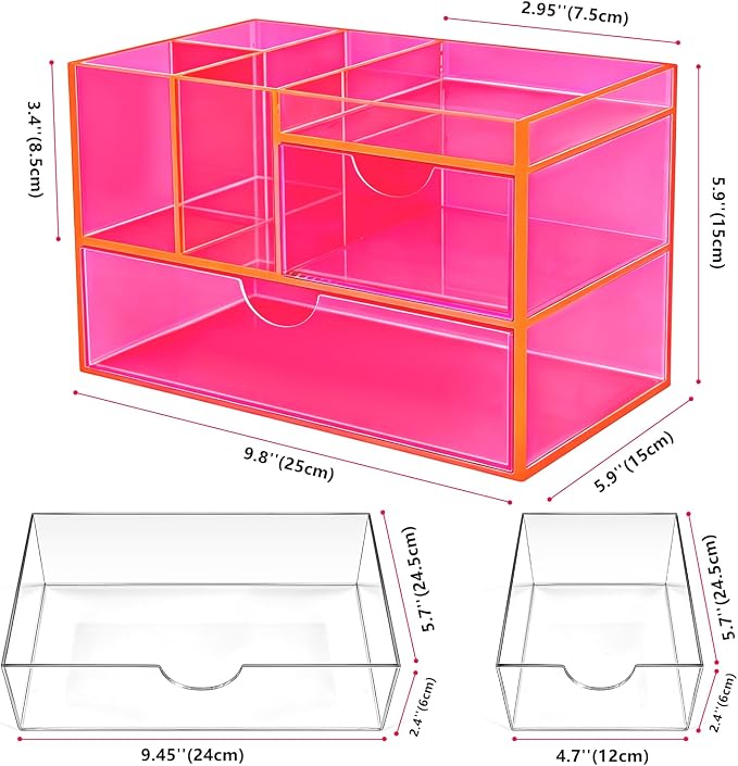 Desk Organizer with Drawers Acrylic Desktop Organizer Pen Holder Caddy for Office Supplies Makeup Organizer for Vanity, Neon Pink