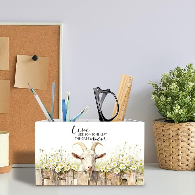 Rustic Daisy Floral Goat Pen Holder for Desk, Gifts for Goat Lovers Pencil Organizer, Live Like Someone Left the Gate Open Wooden Box Sign Desk Decor for Home Office Decoration