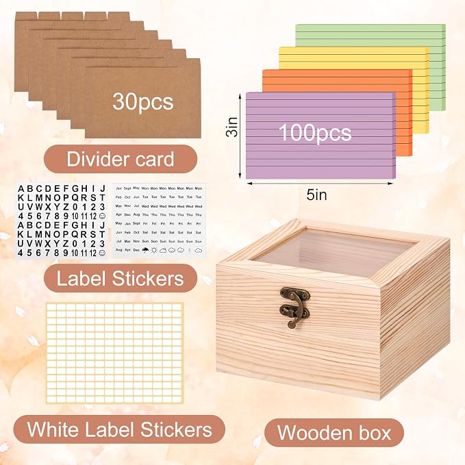 Index Card Organizer with Dividers, Index Card Box 3x5 with Clear Lid, 100 Pcs Flash Cards, 30 Dividers, 1 Blank Sticker, 1 Letter Sticker and 1 Weekly Stickers