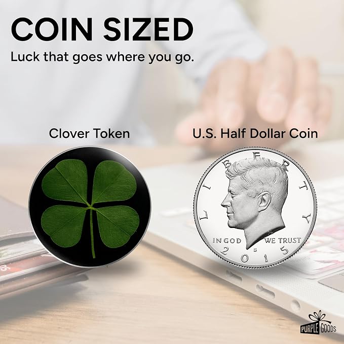 Real Four Leaf Clover Black Pocket Token - Lucky Token, U.S Half Dollar Coin Sized - Genuine 4 Leaf Clover Good Luck Charm - Perfect as Good Luck Gifts