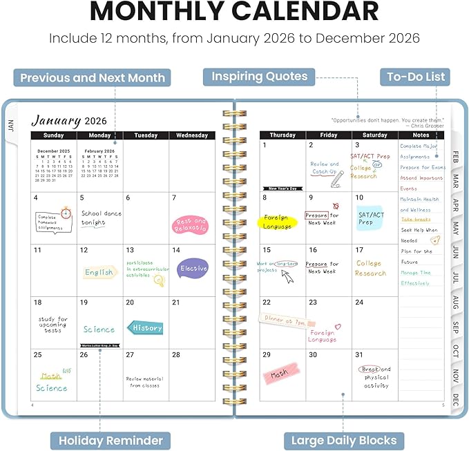 2026 Planner - Weekly and Monthly Planner, January 2026 to December 2026, Spiral Bound 2026 Calendar Planner Book, Inner Pocket, Perfect for Office Home School Supplies - A4 (8.5" x 11"), Baby Blue