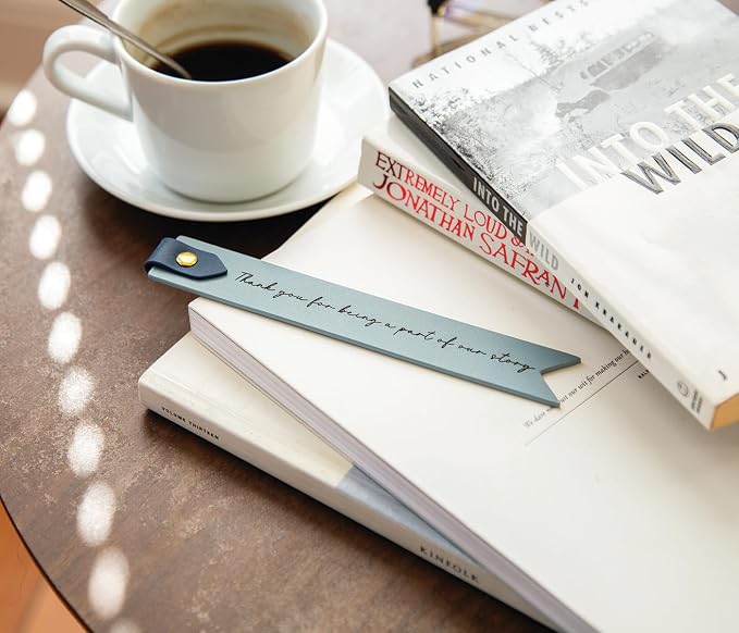 Engraved Leather Bookmark in Blue - Thank You for Being a Part of Our Story, Inspirational Appreciation Gift for Friends Bridesmaid Groomsman Wedding Favor, Guest Keepsakes