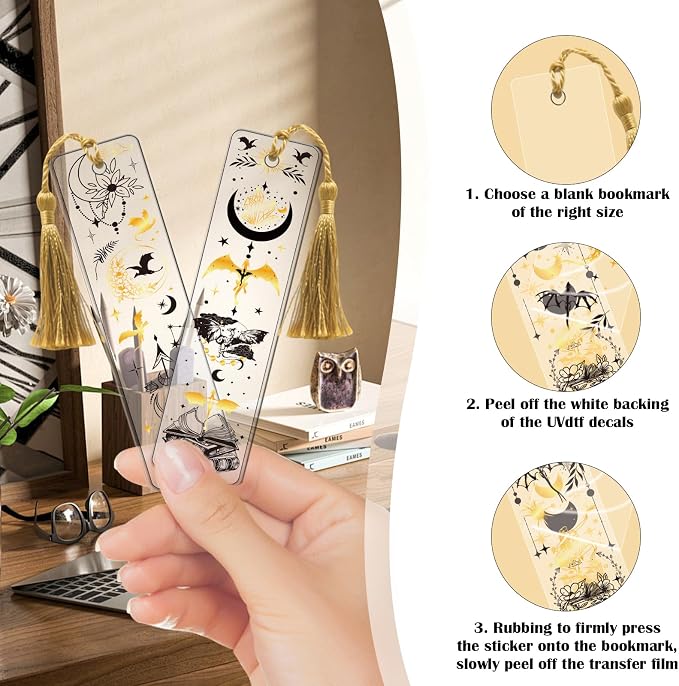 AFRITEE UV DTF Bookmarks Wraps - 24 Sheets Black Gold Flying Dragon UV DTF Stickers for Blank Bookmark Decoration, Dream Catcher Sun and Moon Waterproof Transfer Sticker Decal DIY Bookmark Craft Decor