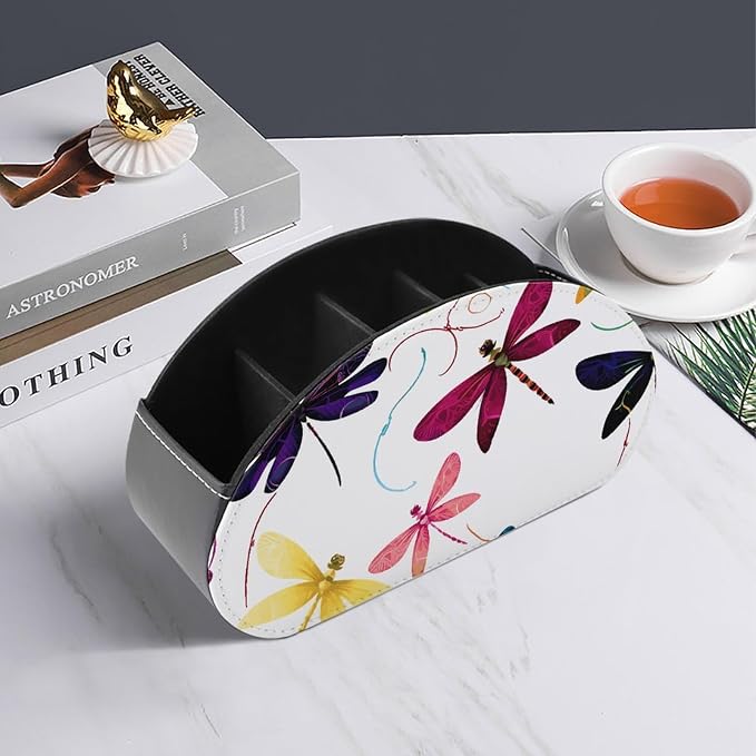 Colorful Dragonfly Remote Control Holder TV Remote Caddy with 5 Compartments PU Leather Storage Box Stylish Desk Organizer for TV/DVD/Accessories Desk Office Supplies Home