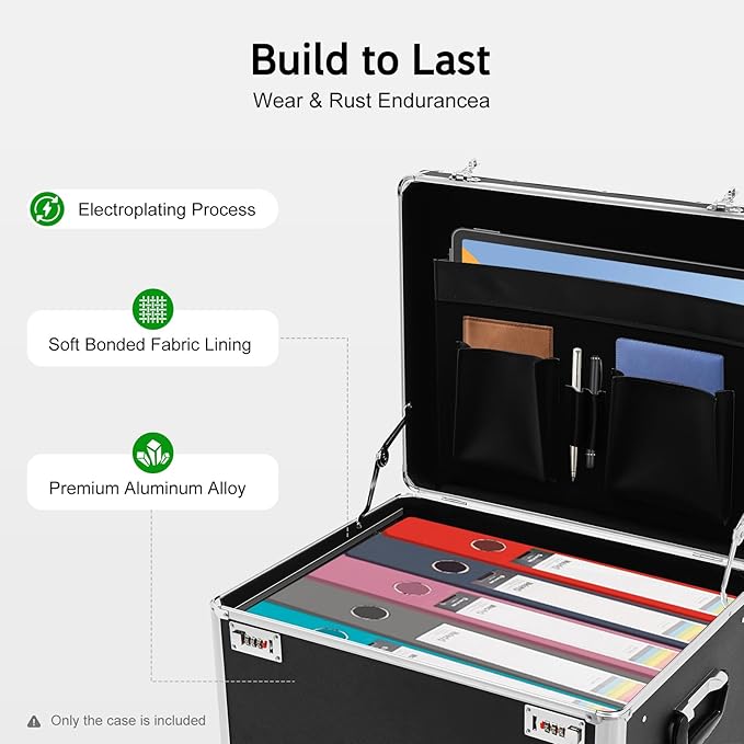 Rolling File Box with Telescopic Handle, Locking File Cabinet with Lock, Files Cart with Wheels, Mobile Business Case, Aluminum Alloy Hand Pull File Case for Home, Office, Bank - Black
