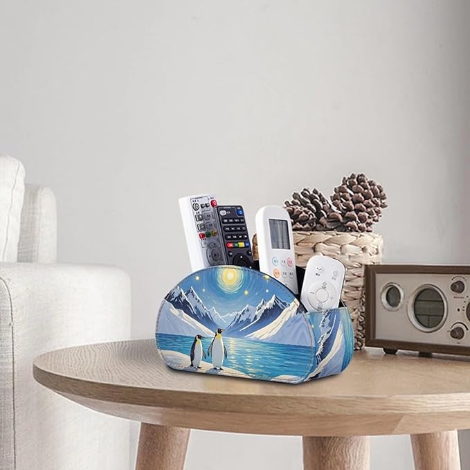 Forchrinse Penguin Ice Ocean Remote Control Holder with 5 Compartments-PU Leather Remote Caddy Desktop Organizer Storage for Remote Controllers,Office Supplies