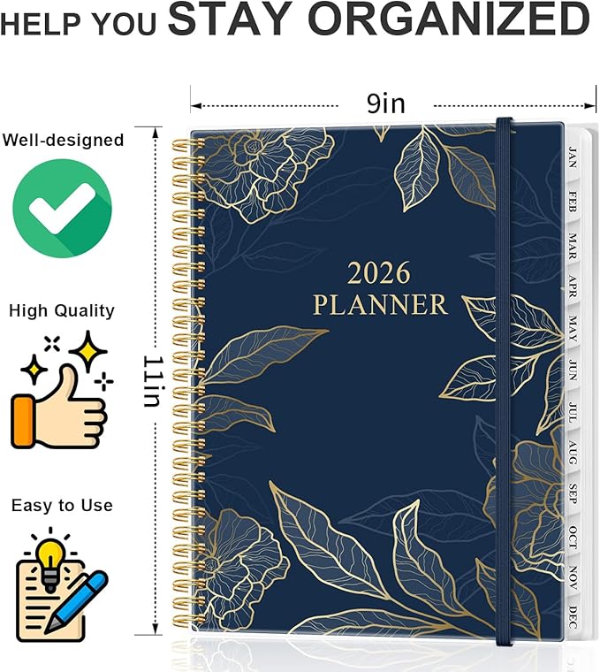 Planner 2026 - Weekly & Monthly Academic Year Planner from January 2026 to December 2026, Planner 2026 with Inner Pocket, Elastic Band, Twin-wire Binding, Perfect Daily Organizer, 8.5'' × 11'', Blue Gold Leaf