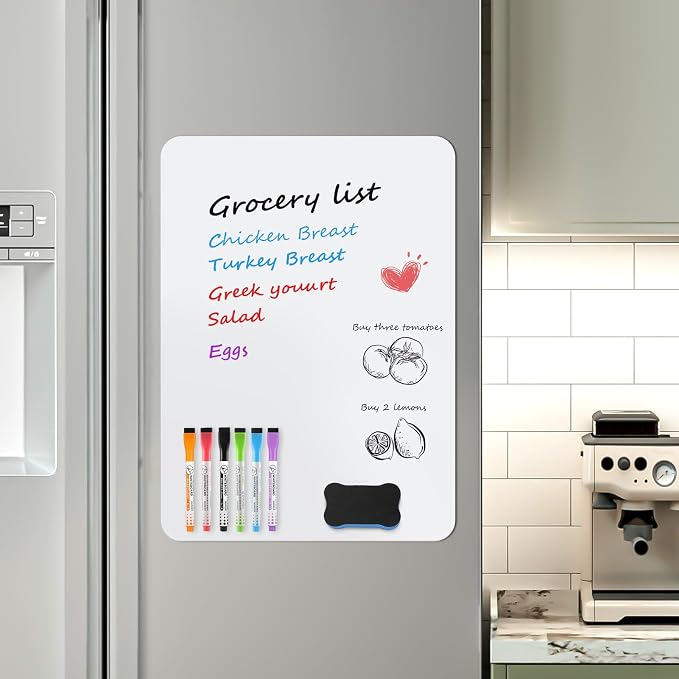 MaxGear 20'' X 13'' inch Magnetic Dry Erase Whiteboard for Refrigerator, Fridge Whiteboard Sheet for Kitchen Fridge Shopping List Notice Board with New Stain Resistant Technology (1 Eraser,6 Markers)