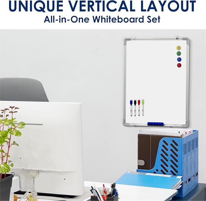 Whiteboard Set - Dry Erase Board 18 x 24 in with 1 Magnetic Dry Eraser, 4 Drywipe Markers and 4 Magnets - Small White Hanging Message Scoreboard for Home and Office (18x24 in)
