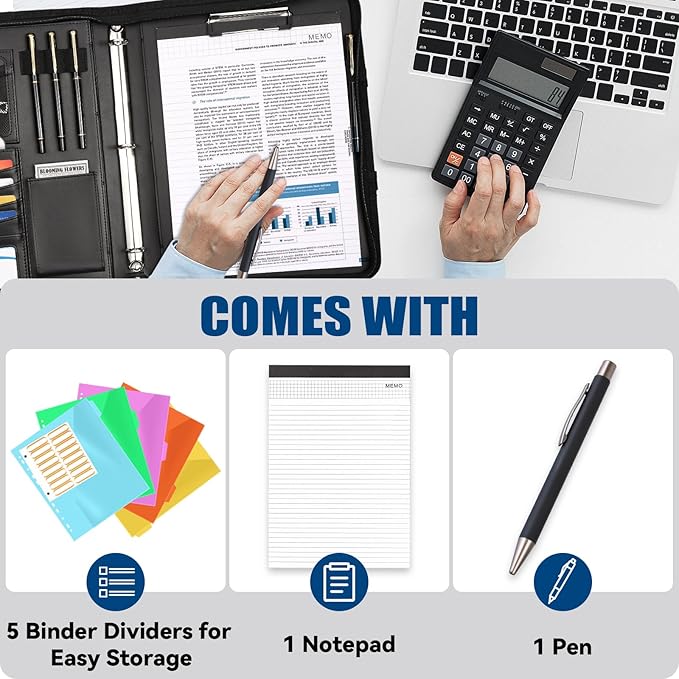 Portfolio Binder 3 Ring Includes Pen and 5 Dividers with 10 Pockets, Padfolio Organizer with Zipper for Men and Women, Includes A4 Notepad for Business, School, Work
