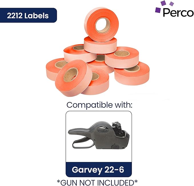 Perco 2212 Fluorescent Red Pricing Labels for Garvey Contact 22-6/22-7/22-8 Price Gun - 36 Rolls, 44,000 Pricemarking Labels - with Bonus Ink Roll