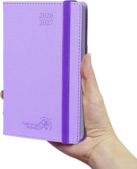 POPRUN 2026-2027 Pocket Weekly Planner Calendar, Size 4'' x 6.25'', Academic Planner (Jul 2026 - Jun 2027) Horizontal Layout with Lined Sections, Leather Hardcover, 100GSM Paper - Lavender