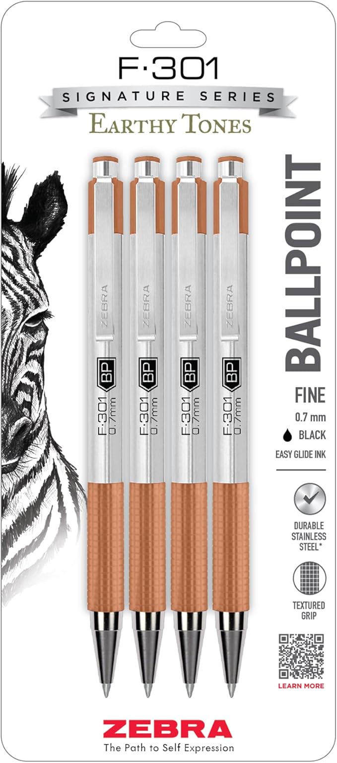 Zebra Pen F-301 Signature Series Retractable Ballpoint Pen, 0.7mm, Black Easy-Glide Ink, Stainless-Steel Barrel, Terracotta Earth Tone Accents, Best for Office, Journal and Planner Use, 4-Pack (27294)