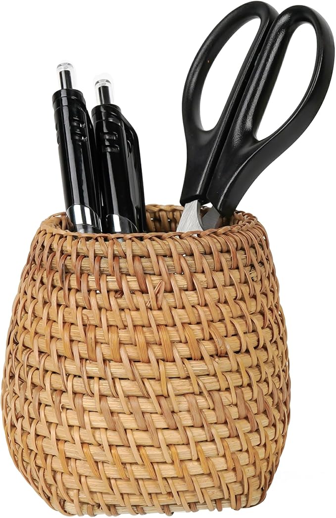 SHIDOW Handmade Rattan Pencil Holder, Wicker Pencil Holder, Tea Tools Holder, Tea Cup, Desk Cup Holder, Toothbrush Cup for Small Items, Office and home Desktop Organizer (Style B)
