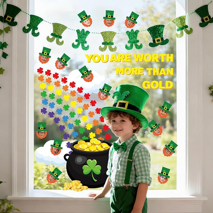 AnyDesign St. Patrick' s Day Classroom Door Decoration Bulletin Board Set Shamrock Clover Gold Coin Pot Paper Cutouts for Irish School Classroom Chalkboard Wall Door Welcome Decor