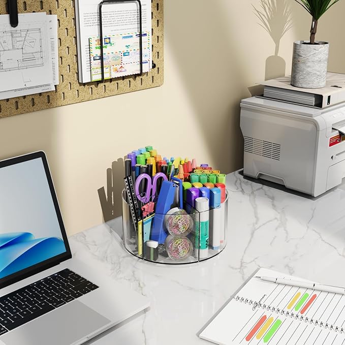 Mefirt Acrylic Pen Holder, 2 Pack 360 Rotating Organizer With 6 Compartments, Desk Office Storage for 800 Pens, Markers, Crayons and Art Supplies