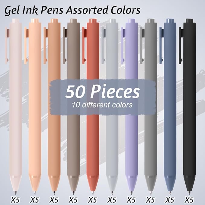 Crtiin 50 Pcs Gel Pens Bulk, 0.5mm Fine Point Black Ink Pens, Retractable Smooth Writing Quick Dry, Colored Aesthetic for School Office Journaling Teacher Appreciation Mother Day (Morandi Colors)