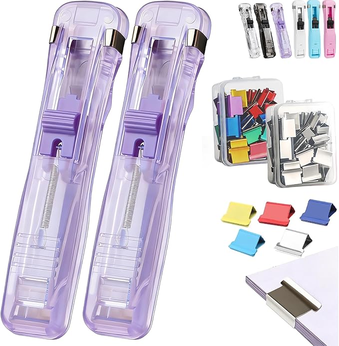 Portable Binder Clip Stapler - Includes 100 Reusable Clips, No Staples, No Holes,Push Clip Paper Clam Dispenser, Reusable Desktop Stapler for Document Home School (2-H)