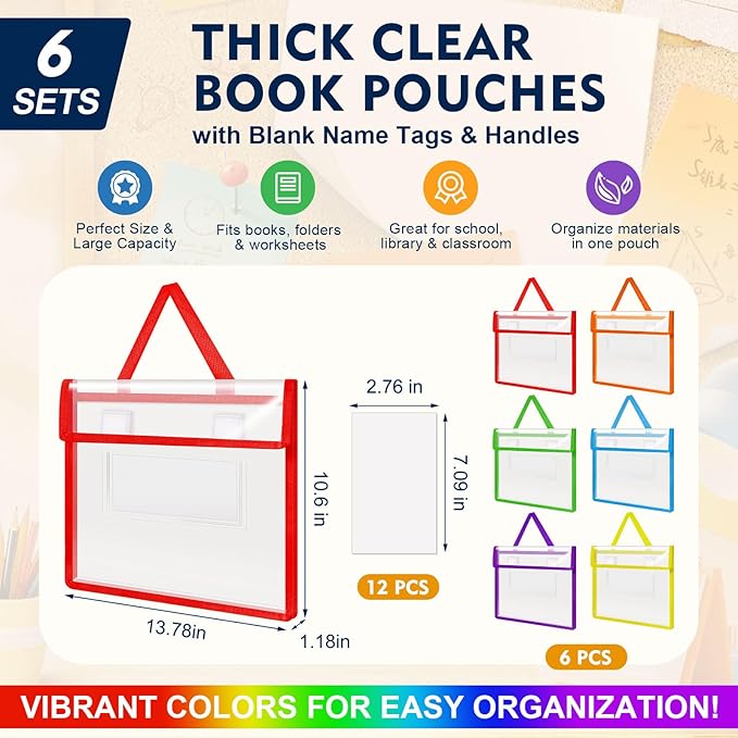 Teling 6 Pack Thick Clear Book Pouches with Blank Name Tags and Handles Book Baggies Bags Bins Organizer for School Classroom Library Pockets Students (14 x 11 Inch,Bright Color)