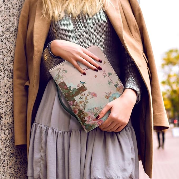 Retro Style Flowers and Cross Bible Case with Bookmark Waterproof Bible Cover Case for Women Lightweight Bible Bag with Handle Pockets Church Book Bag
