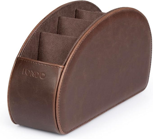 Londo PU Vegan Leather Remote Control Holder with 5 Pockets, Nightstand Caddy & Bedside Organizer for TV, DVD, Blu-Ray, Roku, Apple TV Remotes, Phones, Glasses — Suede Lined Gift for Dad, Dark Brown