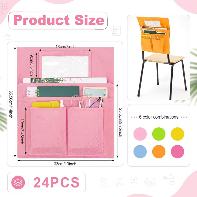 Remagr 24 Pcs Chair Pockets for Classroom Chairs, 14" x 13" Chairs Sacks with Name Tags for Chairback, Multi Pockets Storage Bags Chair Organizer for Kindergarten Elementary School(Macarons)