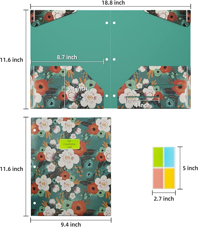 Ospelelf Folders with Pockets, Waterproof Plastic Folder with Two Fixed Corner Tabs and 2 Pockets Includes Business Card Slot, Includes Sticker, Fits 3 Ring Binder Holds 11" x 8.5", 6-Pack