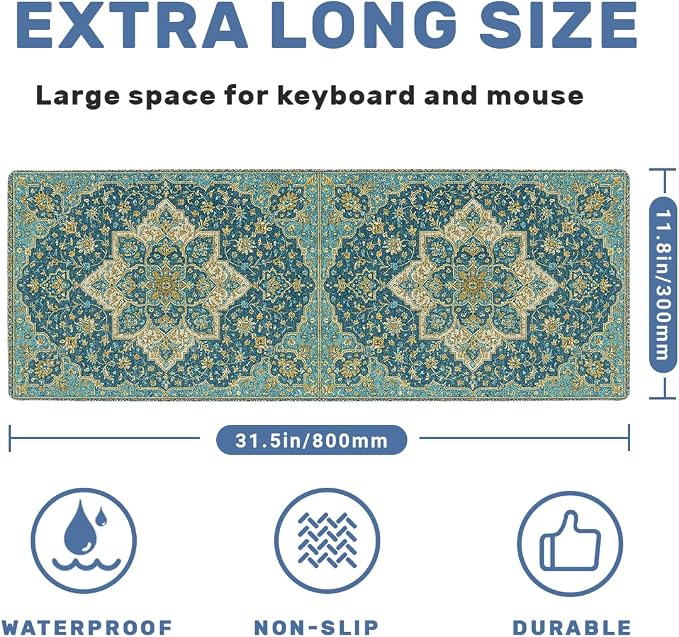 Persian Desk Mat Gaming Large Mouse Pad Teal Gold Ornate Floral Botanical Mousepad Computer Keyboard Pad Mouse Mat Laptop Mat 31.5 x 11.8 Mouse Pads for Desk Home Office Gaming