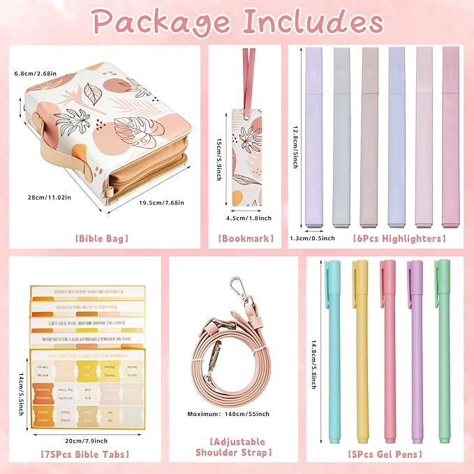 19PCS Leaves Design Leather Bible Cover for Women Boho Bible Cover Cases for Teen Girls Christmas Gift Christian Church Carrying Bag Journaling Kit with Shoulder Strap Highlighter Pens Book Marker