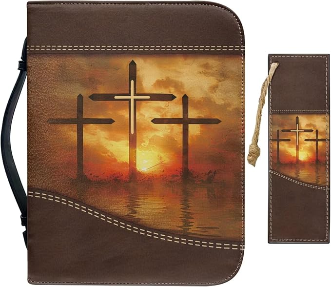 Vintage Sunrise and Cross Bible Case with Bookmark Waterproof Bible Cover Case for Women Lightweight Bible Bag with Handle Pockets Church Book Bag Brown