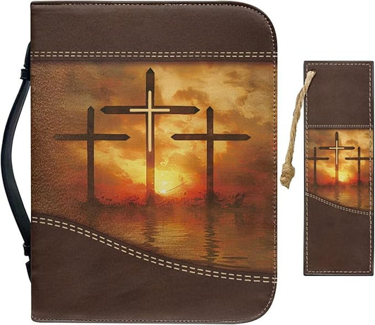Vintage Sunrise and Cross Bible Case with Bookmark Waterproof Bible Cover Case for Women Lightweight Bible Bag with Handle Pockets Church Book Bag Brown